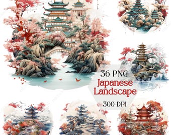 Japanese Landscape Clipart, Mountain PNG for Journals and POD Projects