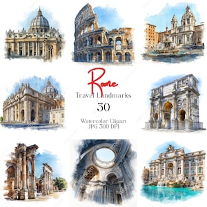 Può includere: Clipart ad acquerello con monumenti iconici di Roma, tra cui il Colosseo, la Basilica di San Pietro e la Fontana di Trevi. L'immagine include il testo "Rome Travel Landmarks 30 Watercolor Clipart JPG 300 DPI."