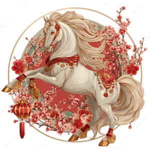 May include: A detailed illustration of a white horse rearing up, decorated with red and gold embellishments. The horse is set against a red backdrop with cherry blossoms and a traditional lantern. The image is framed by a gold circle.