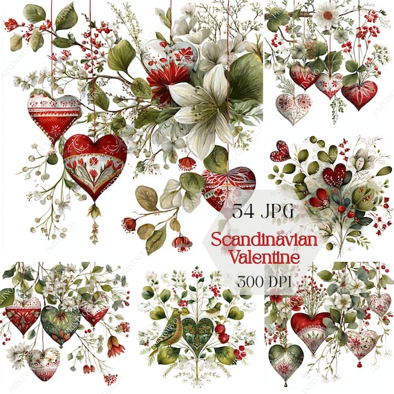 Elegant Scandinavian Valentine Clipart, Detailed Nordic Heart, Instant JPG Download