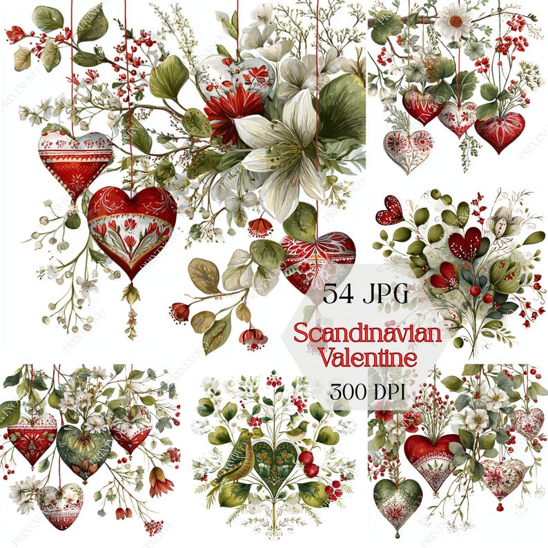 Elegant Scandinavian Valentine Clipart, Detailed Nordic Heart, Instant JPG Download