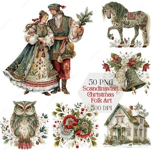 May include: Watercolor illustrations of Scandinavian Christmas folk art. The image includes a couple in traditional clothing, a decorated horse, an owl, floral arrangements, bells, and a house. The text reads "50 PNG Scandinavian Christmas Folk Art 300 DPI."