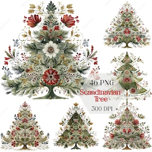 May include: A collection of six decorative Scandinavian tree designs. The trees feature intricate floral and foliage patterns in shades of green, red, white, and gold. The image includes the text "46 PNG Scandinavian Tree 300 DPI."