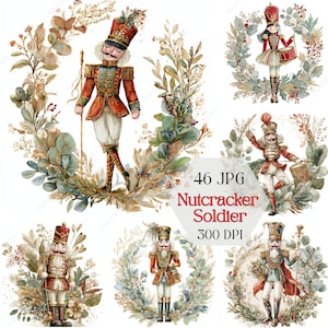 May include: A collection of watercolor illustrations featuring nutcracker soldiers in various poses, surrounded by floral wreaths. The soldiers wear red, gold, and white uniforms. The text "46 JPG Nutcracker Soldier 300 DPI" is visible.