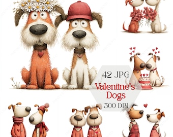 Cani stravaganti per San Valentino Clipart JPG, illustrazioni di cuccioli innamorati, download immediato
