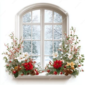 Può includere: Una finestra bianca ad arco con vista su un paesaggio invernale innevato. Il davanzale è decorato con stelle di Natale rosse, fiori bianchi, pigne e bacche rosse, creando un'atmosfera festosa.