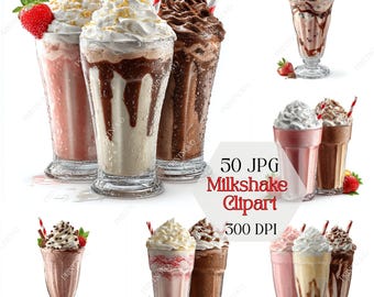 Milkshake Clipart & Watercolor Ice Cream JPG, Summer Dessert Digital Download for Nursery Decor