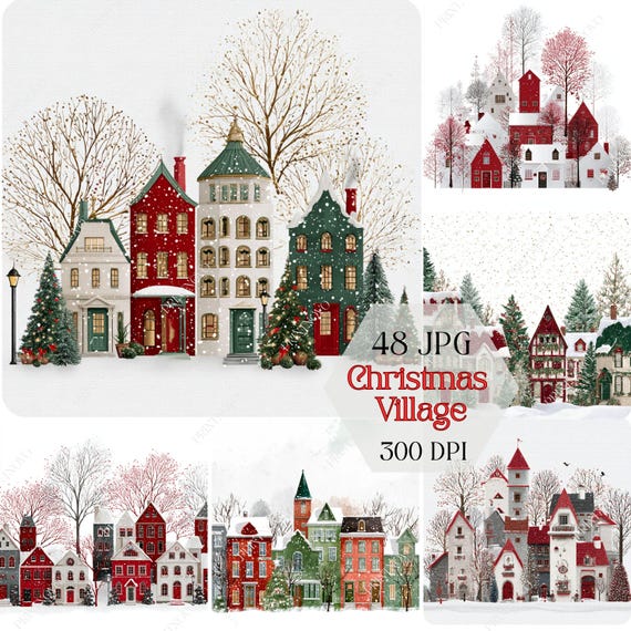 Christmas Village Clipart, Winter Scene Printable JPG files