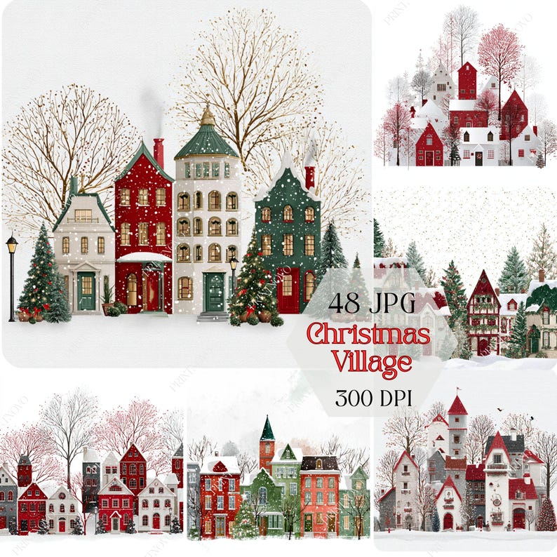 Christmas Village Clipart, Winter Scene Printable JPG files