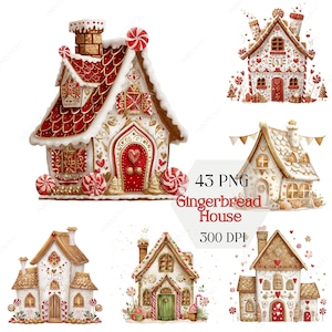 Op de afbeelding: Waterverfillustraties van peperkoekhuizen met rode, witte en gouden accenten. Elk huis heeft snoepdecoraties, hartvormige details en een feestelijk ontwerp. De tekst "43 PNG Gingerbread House 300 DPI" is inbegrepen.