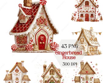 May include: Watercolor illustrations of gingerbread houses with red, white, and gold accents. Each house features candy decorations, heart-shaped details, and a festive design. The image includes the text "43 PNG Gingerbread House 300 DPI".