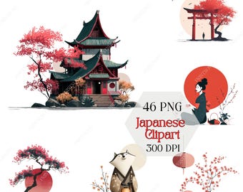 Könnte beinhalten: Eine Sammlung von japanisch thematisierten Clipart-Bildern. Die Illustrationen umfassen eine mehrstöckige Pagode, ein rotes Torii-Tor, eine Frau im Kimono, einen Fuchs im Kimono und Kirschblüten. Der Text im Bild lautet "46 PNG Japanese Clipart 300 DPI."