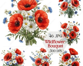 Bouquet di fiori selvatici Clipart JPG, Arte floreale botanica, Papaveri, Margherite, Fiordalisi Download digitale