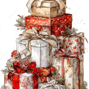 Puede incluir: Ilustración en acuarela de una pila de cajas de regalo envueltas. Las cajas son de varios tamaños y patrones, incluyendo lunares rojos, estampados florales y colores lisos. Cada caja está adornada con una cinta y un lazo grandes.
