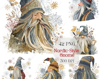 May include: Watercolor illustrations of Nordic-style gnomes with long white beards and pointed hats. The gnomes are depicted in various poses, surrounded by snowflakes and floral elements. The image includes the text "42 PNG Nordic-Style Gnome 300 DPI."