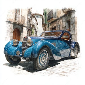 May include: Watercolor painting of a classic blue vintage car parked on a cobblestone street. The car has a streamlined design with rounded fenders and chrome accents. The background features old buildings with balconies and arched doorways.