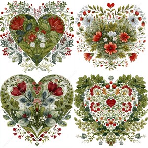 以下が含まれることがあります： 水彩で描かれた4つのハート型の花の模様。各ハートは、赤、白、緑の花と葉のユニークなアレンジメントを特徴としています。デザインは詳細で複雑で、植物の要素に焦点を当てています。