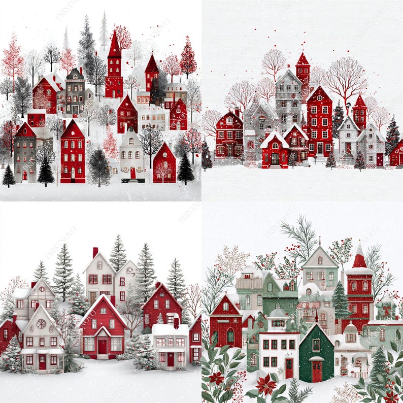 Clipart del villaggio di Natale, file JPG stampabili della scena invernale immagine 4