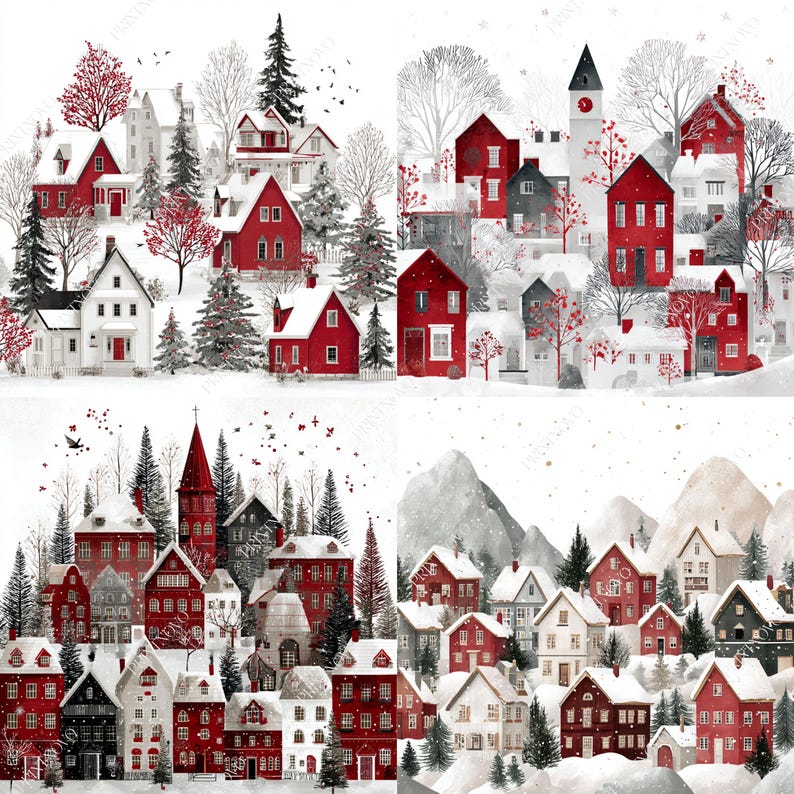 Clipart del villaggio di Natale, file JPG stampabili della scena invernale immagine 7