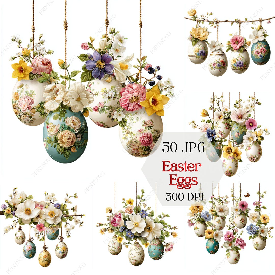 Elegant Watercolor Easter Eggs Clipart JPG, Spring Flowers and Holiday ...
