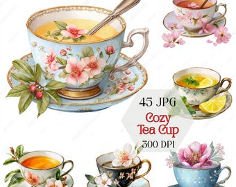 Cozy Hot Tea Cup Watercolor Clipart JPG, Steam Teacup, Kitchen Beverage Art Download