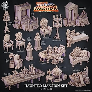 Może przedstawiać: Kolekcja miniaturowych mebli Haunted Mansion, w tym łóżko, fotele, sofy, stoły i dekoracyjne posągi. Zestaw charakteryzuje się skomplikowanymi detalami i upiorną estetyką, idealny do gier stołowych lub ekspozycji.