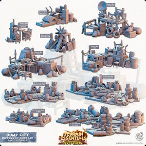 May include: Miniature terrain models in shades of blue and grey, featuring a shopping cart, mattress, and van. The image includes text reading "DUMP CITY DIFFICULT TERRAIN AND DEBRIS" and "TERRAIN ESSENTIALS". Ideal for tabletop gaming.