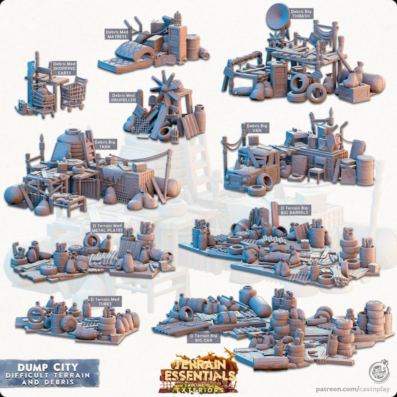 May include: Miniature terrain models in shades of blue and grey, featuring a shopping cart, mattress, and van. The image includes text reading "DUMP CITY DIFFICULT TERRAIN AND DEBRIS" and "TERRAIN ESSENTIALS". Ideal for tabletop gaming.
