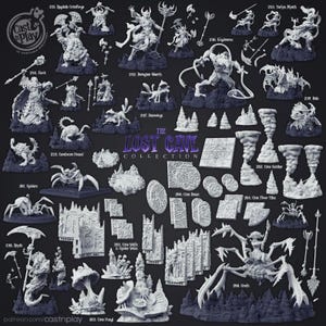 May include: A collection of 3D-printable miniatures for tabletop gaming, featuring various fantasy creatures, terrain, and characters. Includes spiders, cave bases, and figures like Ragdath Grimforge and Tarlyn Myth. The Lost Cave Collection is displayed on a dark background.