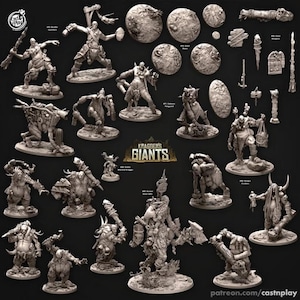 May include: A collection of miniature figurines, including giants and fantasy creatures, displayed on a dark surface. The figurines vary in size and pose, with some holding weapons. The text "Krabber's Giants" is visible.
