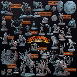 Puede incluir: Colección de figuras en miniatura grises con temática de Halloween. Las figuras incluyen personajes de muertos vivientes, calabazas y criaturas arbóreas. El texto "HALLOWEEN SEASON" se muestra en el centro.