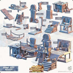 May include: A selection of miniature terrain pieces for tabletop gaming, including bridges, platforms, ramps, and advertisements. The pieces are primarily light blue and brown, with detailed textures and designs. The text "DUMP CITY BRIDGE" is visible.
