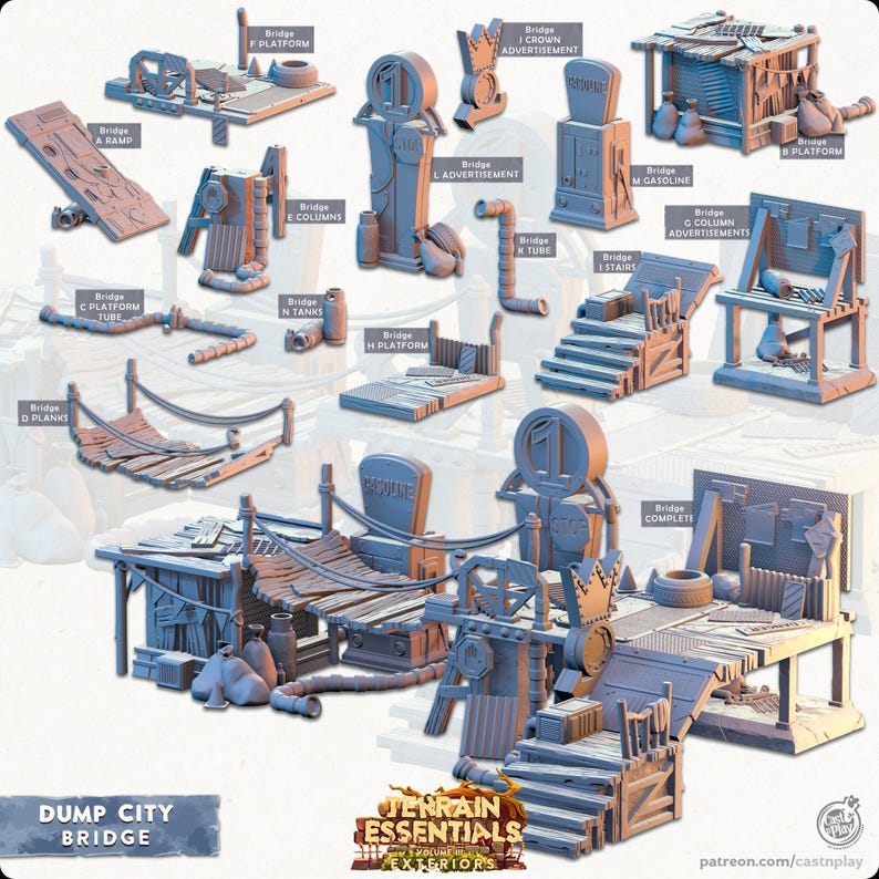 May include: A selection of miniature terrain pieces for tabletop gaming, including bridges, platforms, ramps, and advertisements. The pieces are primarily light blue and brown, with detailed textures and designs. The text "DUMP CITY BRIDGE" is visible.