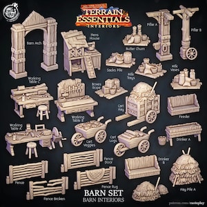 Op de afbeelding: Een verzameling miniatuur boerderijinterieurs, waaronder een boog, kippenhok, werktabellen, hooikar, hekken en hooibergen. De set is gelabeld met "Terrain Essentials" en "Barn Set Barn Interiors."