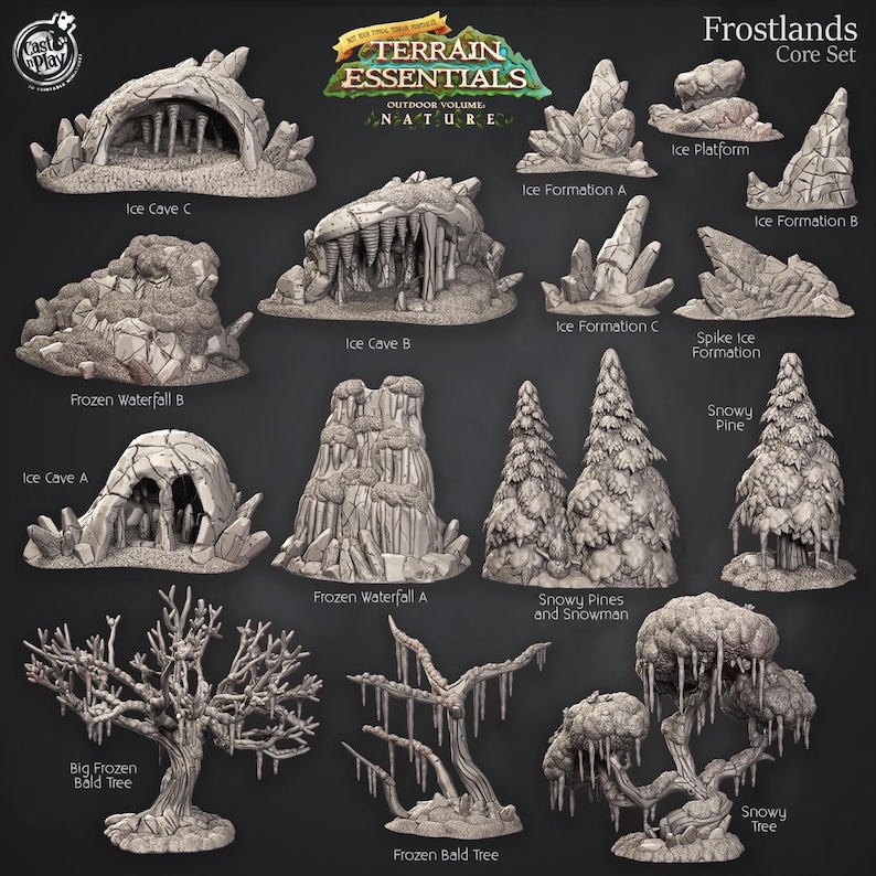 Puede incluir: Colecci&oacute;n de piezas de terreno en miniatura para juegos de mesa, incluyendo cuevas de hielo, cascadas congeladas y &aacute;rboles nevados. El conjunto "Frostlands Core Set" presenta varias formaciones heladas y elementos invernales.