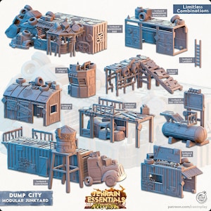 May include: A selection of modular junkyard terrain pieces. The image shows a warehouse bar, shed, ramp, bridge, gas station, and container. The pieces are brown and blue, with details such as tyres and ladders. The text reads 'Dump City Modular Junkyard'.