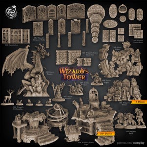 Puede incluir: Una colección de piezas de terreno de fantasía en miniatura beige, que incluyen muros, torres y figuras. El conjunto presenta un dragón, duendes y otras criaturas. El texto "Wizard's Tower" se muestra de forma destacada.
