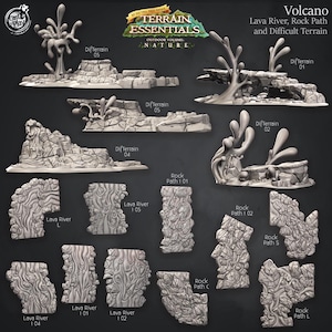 Puede incluir: Una colección de piezas de terreno grises para juegos de mesa, que incluyen ríos de lava, caminos de roca y terrenos difíciles. Las piezas están etiquetadas con números y nombres como "DifTerrain 05" y "Rock Path 1 01". La imagen también presenta el texto "Terrain Essentials".