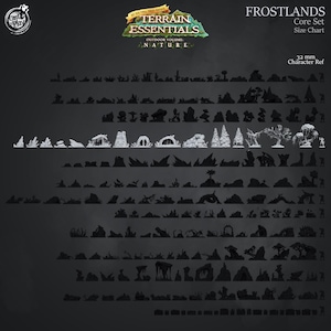 Puede incluir: Imagen oscura que muestra una variedad de elementos de terreno en miniatura para juegos de mesa. La imagen incluye rocas, &aacute;rboles y otras caracter&iacute;sticas naturales. El texto "TERRAIN ESSENTIALS" y "FROSTLANDS Core Set" son visibles, junto con una tabla de tallas para personajes de 32 mm.