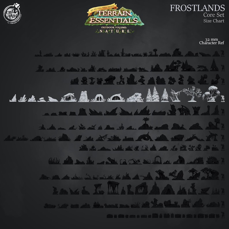 Puede incluir: Imagen oscura que muestra una variedad de elementos de terreno en miniatura para juegos de mesa. La imagen incluye rocas, &aacute;rboles y otras caracter&iacute;sticas naturales. El texto "TERRAIN ESSENTIALS" y "FROSTLANDS Core Set" son visibles, junto con una tabla de tallas para personajes de 32 mm.