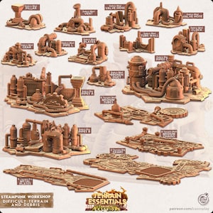 May include: A collection of brown steampunk-themed terrain models, including pipes, gears, and architectural elements. The models are labeled with names like "Pillar," "Vent," and "Valve Hose." The image also includes the text "Steampunk Workshop Difficult Terrain and Debris."