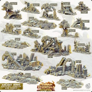 May include: A selection of miniature ancient ruins and debris models, featuring arches, columns, and fallen trees. The models are in various sizes and shapes, with detailed textures and a weathered appearance. The text "ANCIENT RUINS DIFFICULT TERRAIN AND DEBRIS" is visible.