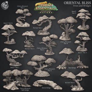 May include: A selection of miniature trees and bridges, including cherry blossom, beech, and bonsai varieties. The models are in various shapes and sizes, with detailed textures. The text "ORIENTAL BLISS Trees and Bridges" is displayed at the top.