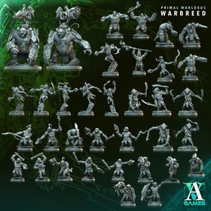 May include: A collection of gray miniature figurines of various fantasy creatures and warriors. The figurines are posed in dynamic action stances, some wielding weapons. The text "PRIMAL WARLORDS WARBREED" is visible at the top. The A Games logo is at the bottom.