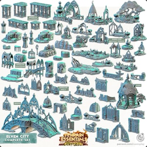 Peut inclure: Ensemble de figurines de terrain miniatures de couleur sarcelle pour jeux de société. L'ensemble comprend des plateformes modulaires, des murs, des ponts, des kiosques et des sanctuaires. Le texte "Elven City Complete Set" et "Terrain Essentials" sont visibles.