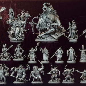 May include: A collection of detailed, gray miniature figurines, likely for tabletop gaming. The figures depict various fantasy characters, including warriors and mythical creatures. The text "ASHEN VEIL CROWN OF MADNESS" is visible at the top. The A Games logo is at the bottom right.