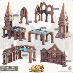 Puede incluir: Una colección de componentes modulares de construcción de Gothic City en tonos marrones y azules. El conjunto incluye torres, muros y estructuras etiquetadas A, B, C y D. También se ve el logotipo "Terrain Essentials" y el texto "Gothic City".