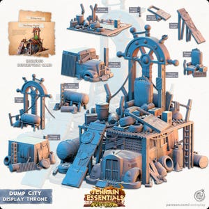 May include: A selection of blue-grey 3D-printed terrain pieces for tabletop gaming. The set includes a throne, platform, ramps, and various components like a truck cab, barrels, and a seat. The text "DUMP CITY DISPLAY THRONE" is visible.