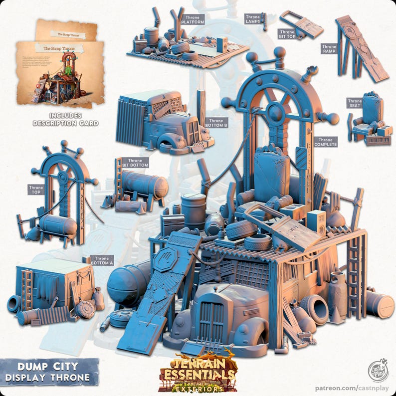 May include: A selection of blue-grey 3D-printed terrain pieces for tabletop gaming. The set includes a throne, platform, ramps, and various components like a truck cab, barrels, and a seat. The text "DUMP CITY DISPLAY THRONE" is visible.