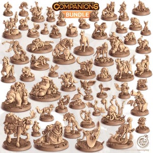 May include: A selection of miniature figurines depicting fantasy creatures and animals. The figurines are a light brown colour and are arranged on a white background. The text "Cornelia's Magnificent Account of Companions Bundle" is at the top.